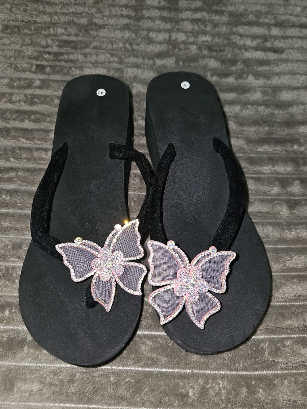 Black Women's Flip Flops with Pink Beaded Butterfly Accent